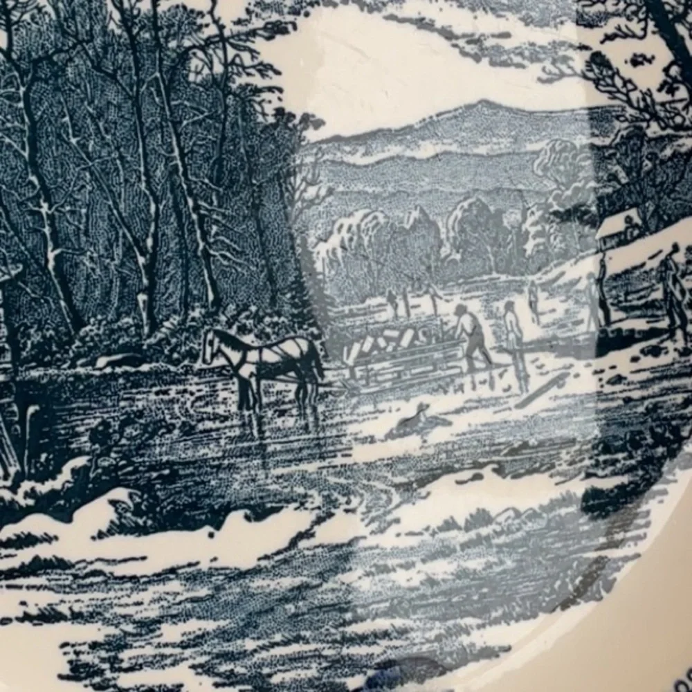 Vintage Currier Ives Blue Royal Round Platter 12” Chop Plate Winter GETTING ICE